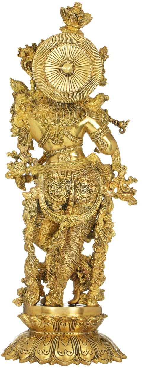 26" Nicely Adorned Krishna On Lotus Pdestal In Brass | Handmade | Made In India
