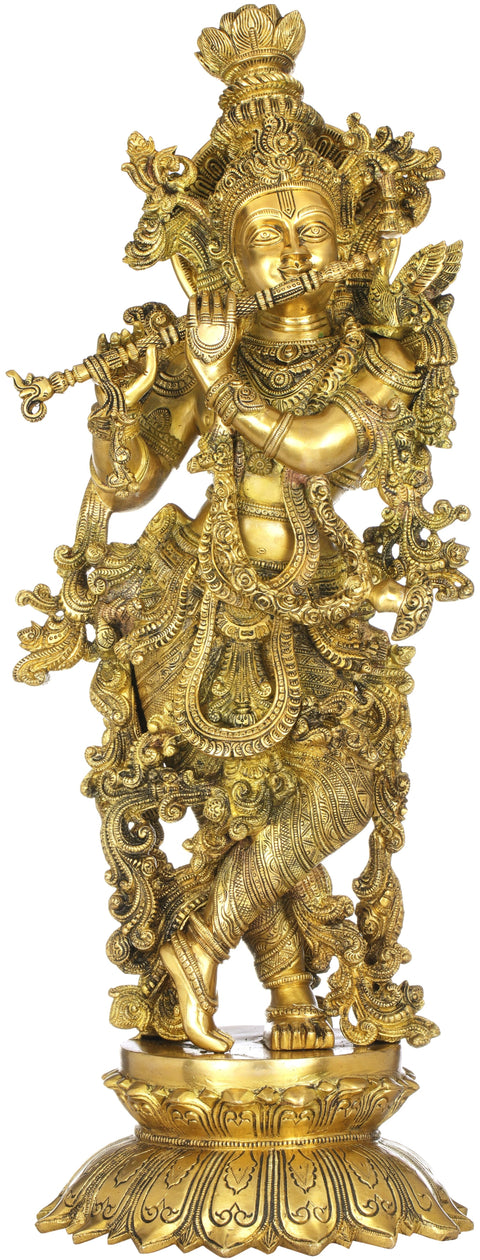 26" Nicely Adorned Krishna On Lotus Pdestal In Brass | Handmade | Made In India