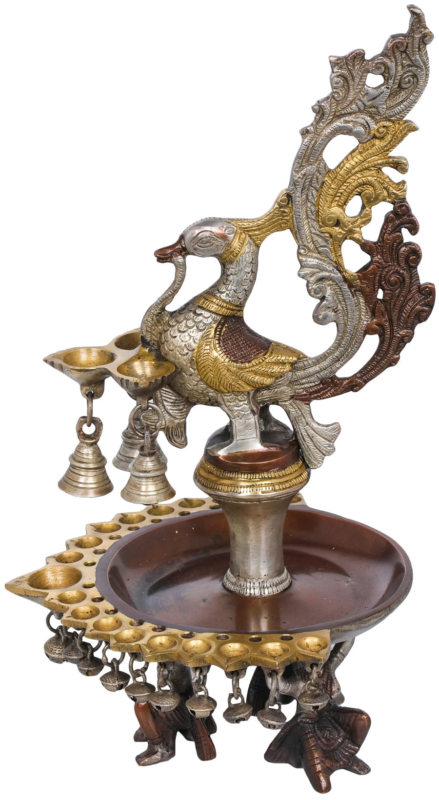 15" Handmade Brass Peacock Puja Lamp with Twenty-Two Wicks and Bells