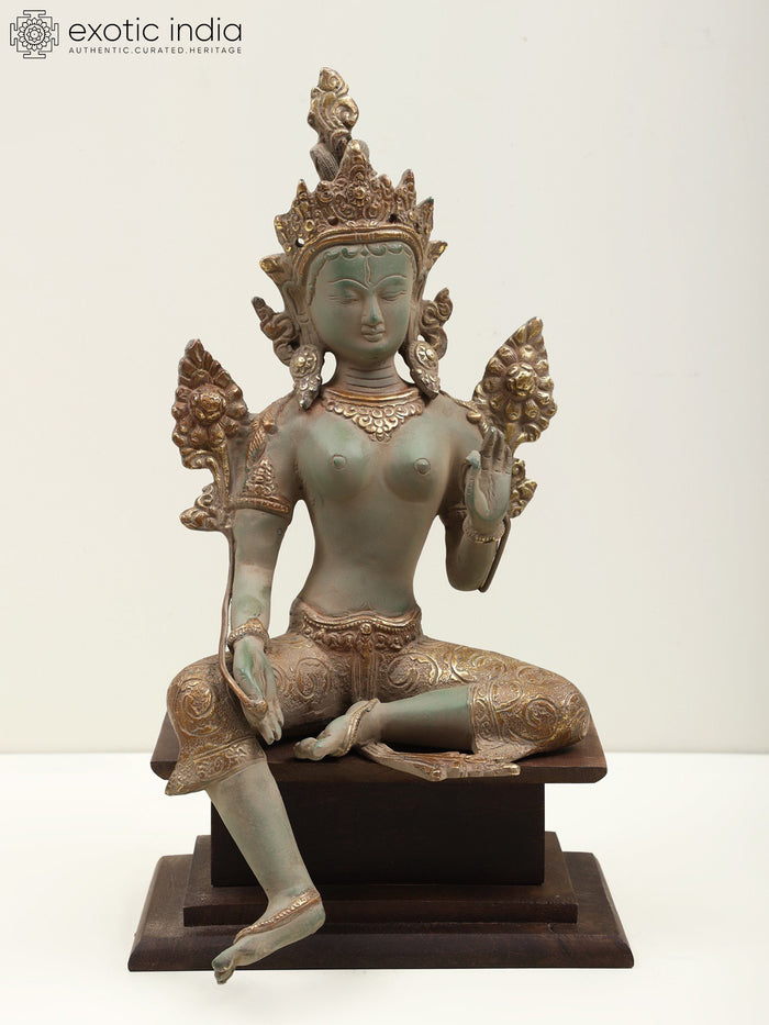 14" Green Tara Tibetan Buddhist Brass Statue with Wood Pedestal