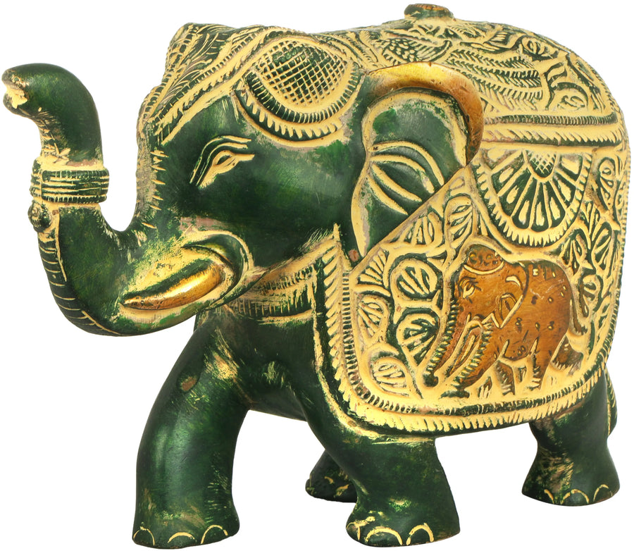 Fully Carved Brass Elephant Statue with Upraised Trunk for Vastu