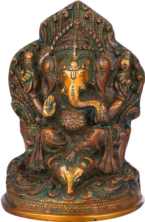 6" Ganesha on Throne Brass Statue Handmade