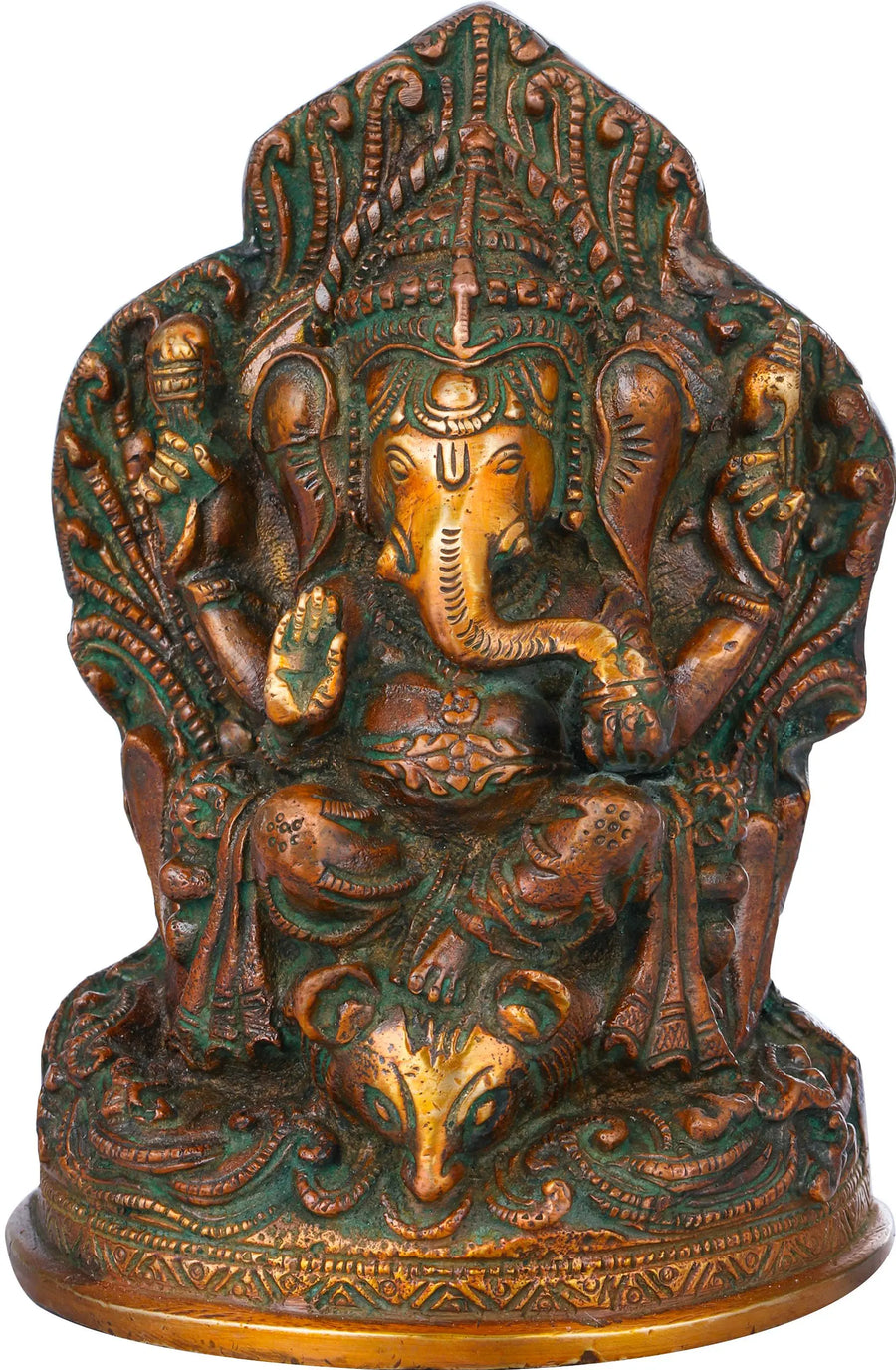 6" Ganesha on Throne Brass Statue Handmade