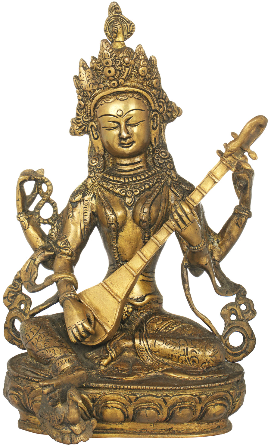 12" Brass Saraswati Statue Seated on Lotus With Swan Handmade