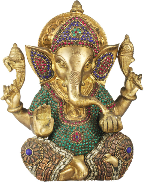 8" Crowned Inlay Ganesha In Brass | Handmade | Made In India