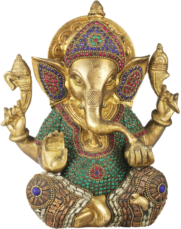 8" Crowned Ganesha Brass Idol with Inlay Handmade