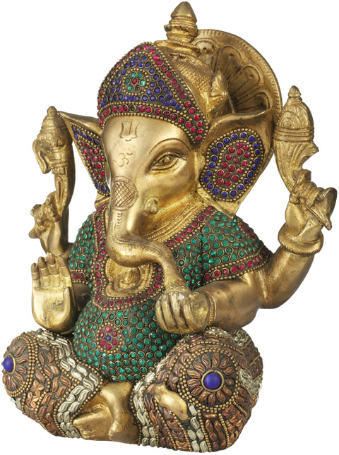 8" Crowned Inlay Ganesha In Brass | Handmade | Made In India