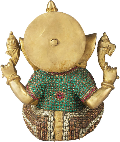 8" Crowned Inlay Ganesha In Brass | Handmade | Made In India