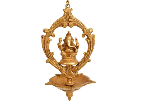 10" Lord Ganesha Roof Hanging Lamp in Brass | Handmade | Made in India