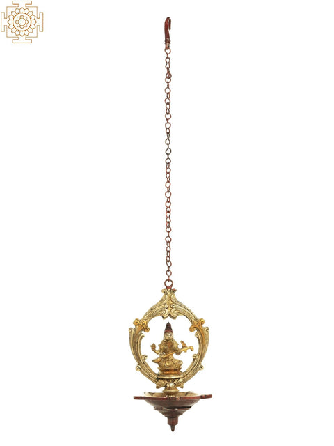 10" Goddess Saraswati Roof Hanging Lamp in Brass | Handmade | Made in India