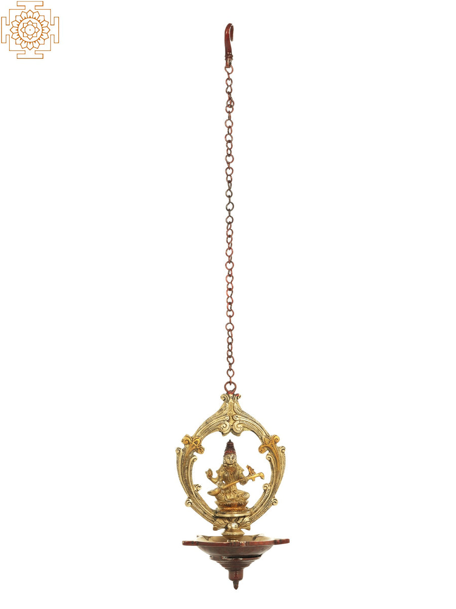 10" Brass Goddess Saraswati Roof Hanging Lamp Handmade