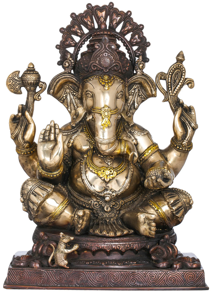 20" Lord Ganesha With Lotus Crown Brass Statue Handmade