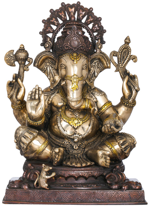 20" Lord Ganesha Wearing A Lotus Petals Crown In Brass | Handmade | Made In India