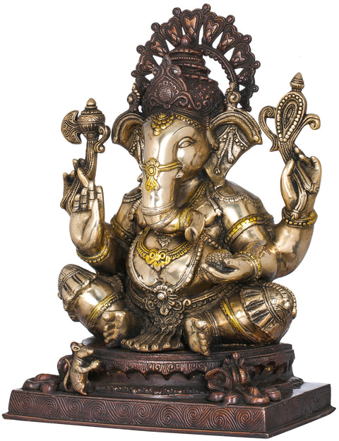 20" Lord Ganesha Wearing A Lotus Petals Crown In Brass | Handmade | Made In India