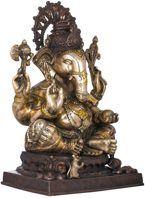 20" Lord Ganesha Wearing A Lotus Petals Crown In Brass | Handmade | Made In India