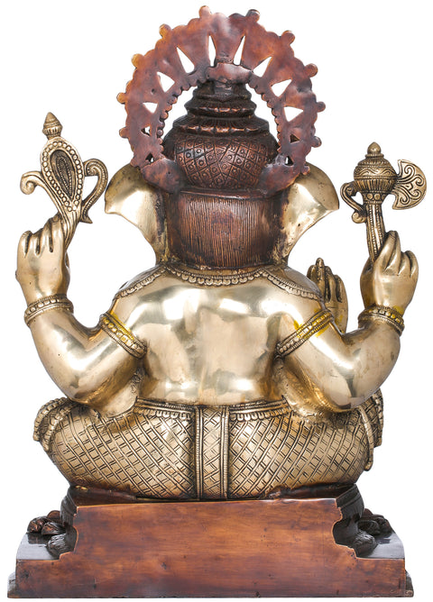 20" Lord Ganesha Wearing A Lotus Petals Crown In Brass | Handmade | Made In India