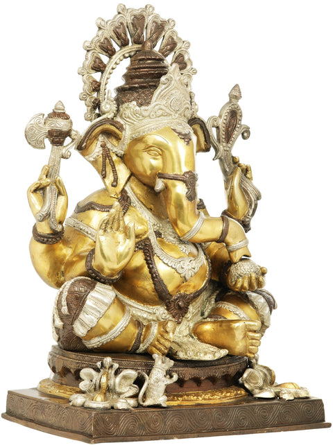 20" Lord Ganesha Wearing A Lotus Petals Crown In Brass | Handmade | Made In India