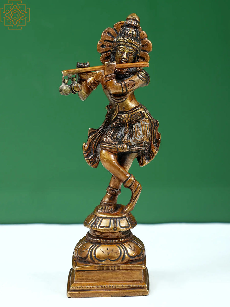 6" Brass Krishna Flute Player Handcrafted Statue