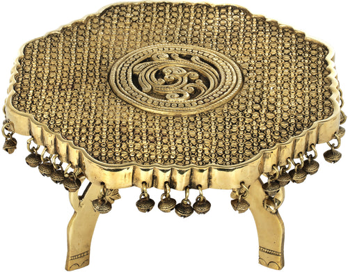 Brass Engraved Ritual Chowki with Elephant Head Legs and Ghungroos