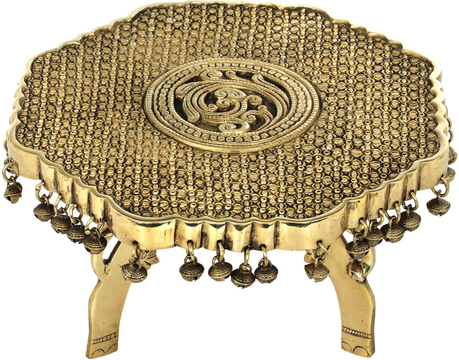 Brass Engraved Ritual Chowki with Elephant Head Legs and Ghungroos