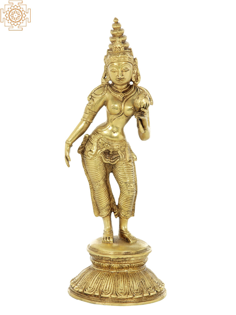 10" Handmade Goddess Parvati Brass Idol Holding Flower