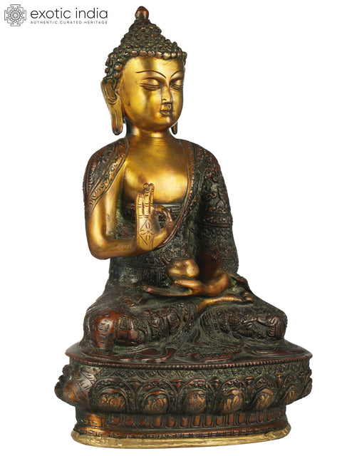 12" Tibetan Buddhist Deity Preaching Buddha Wearing a Carved Robe In Brass | Handmade | Made In India