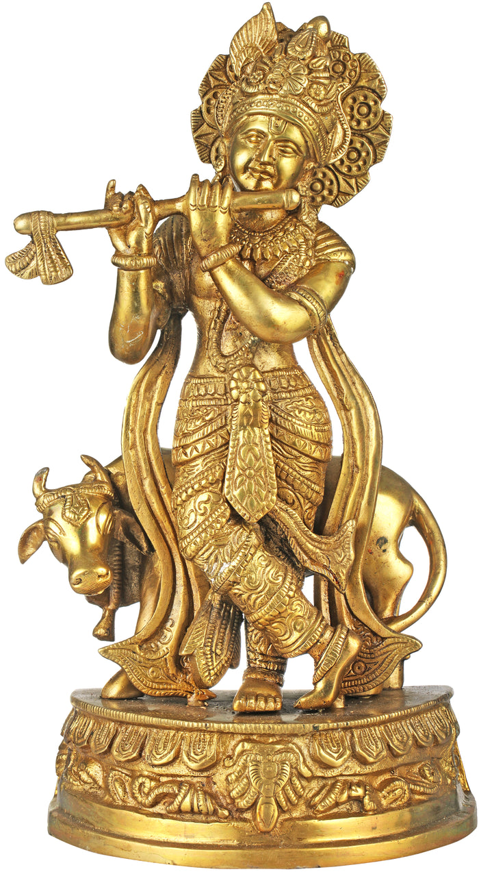 12" Venugopala Krishna with Cow Handmade Brass Statue