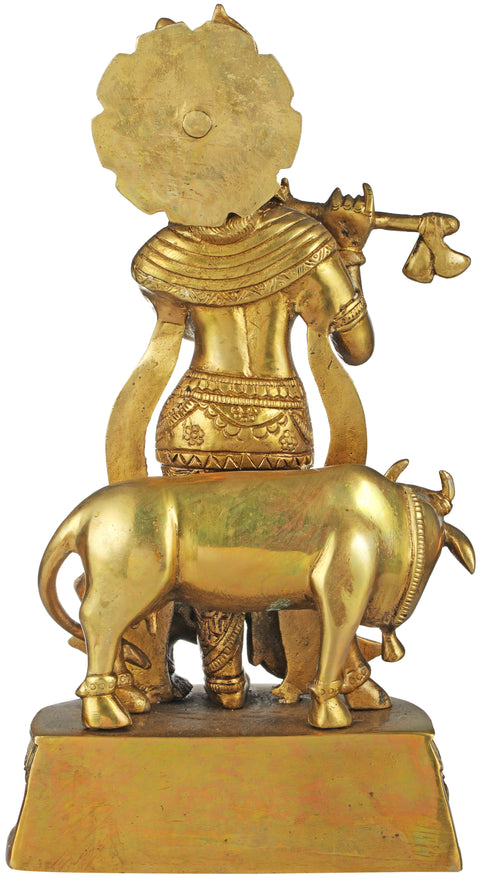 12" Venugopala (Fluting Krishna with His Cow) In Brass | Handmade | Made In India