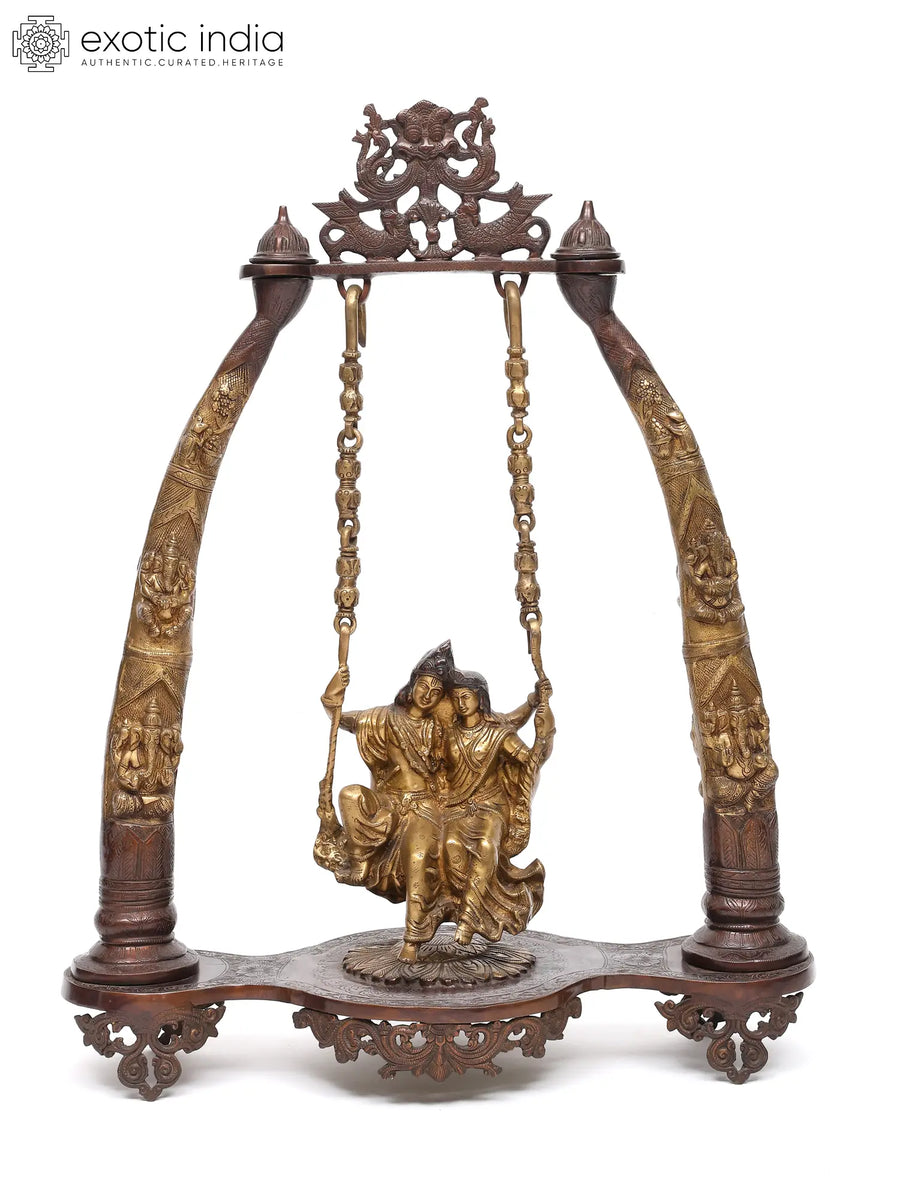 34" Radha Krishna on Swing Brass Statue - Handmade Home Decor