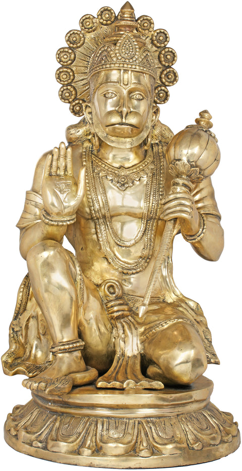 37" Large Seated Hanuman in Abhaya-mudra | Brass | Handmade | Made In India