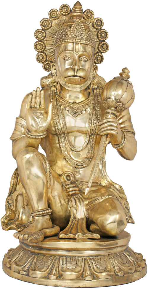 37" Seated Hanuman Abhaya Mudra Brass Statue Handmade