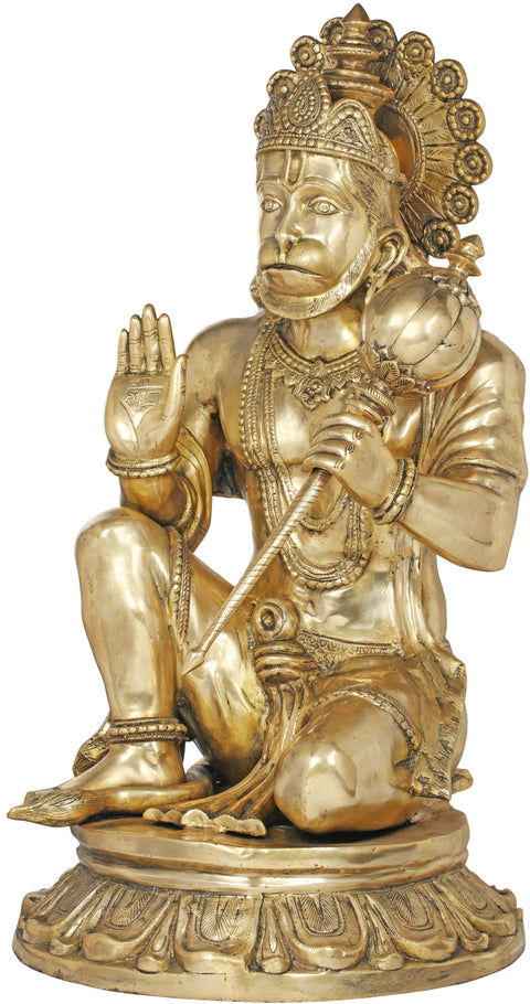 37" Large Seated Hanuman in Abhaya-mudra | Brass | Handmade | Made In India