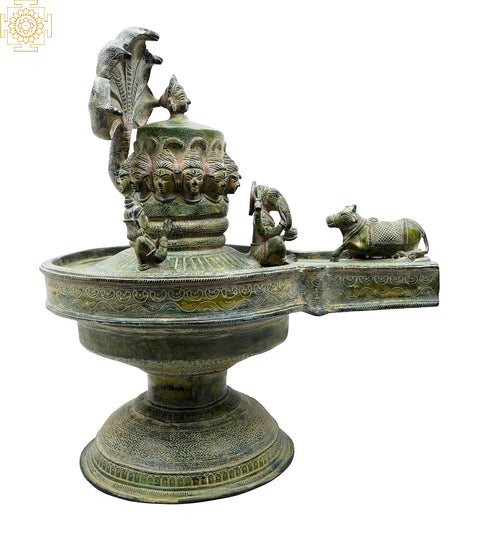 20" Shiva Linga with Shiva Family and Shiva Heads on Linga in Brass