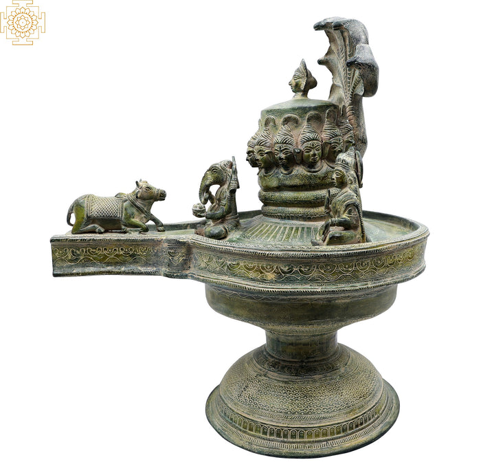 20" Shiva Linga with Shiva Family and Shiva Heads on Linga in Brass
