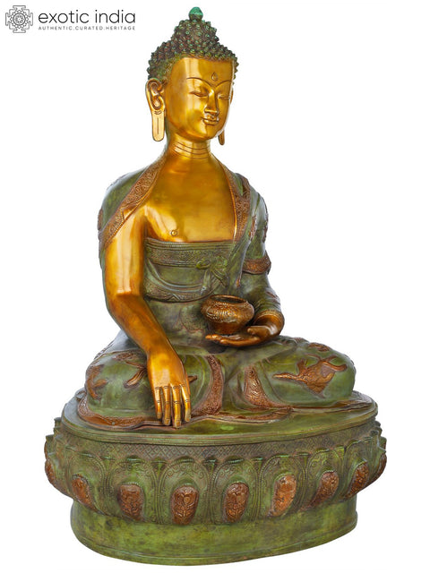 32" Lord Buddha in Bhumisparsha Mudra Wearing a Robe Carved with Auspicious Symbols | Handmade Large Brass Idol