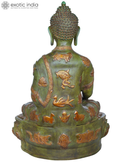 32" Lord Buddha in Bhumisparsha Mudra Wearing a Robe Carved with Auspicious Symbols | Handmade Large Brass Idol