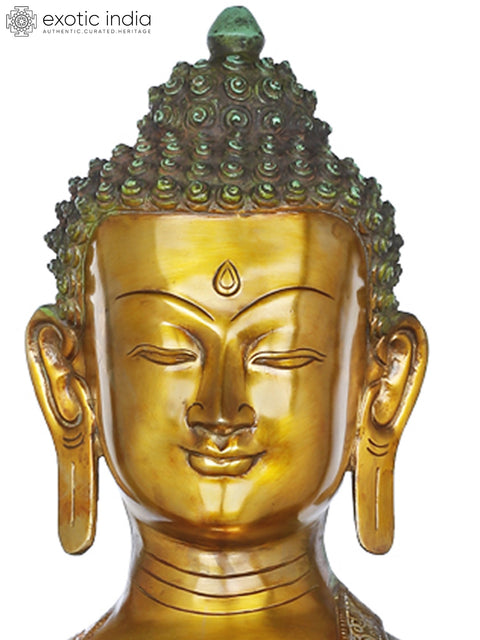 32" Lord Buddha in Bhumisparsha Mudra Wearing a Robe Carved with Auspicious Symbols | Handmade Large Brass Idol