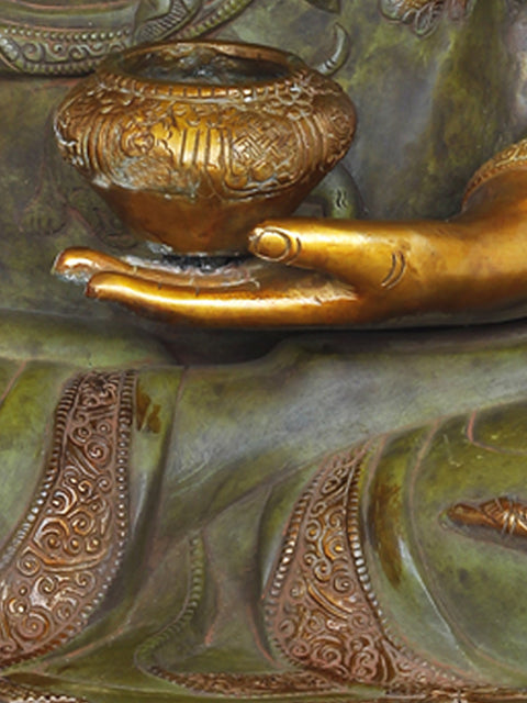 32" Lord Buddha in Bhumisparsha Mudra Wearing a Robe Carved with Auspicious Symbols | Handmade Large Brass Idol