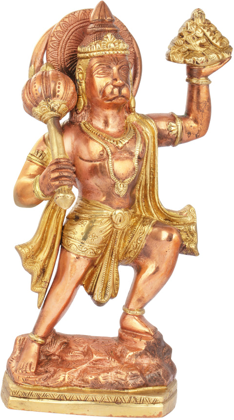 10" Lord Hanuman with Sansjeevani Mountain in Brass | Handcrafted Sculpture