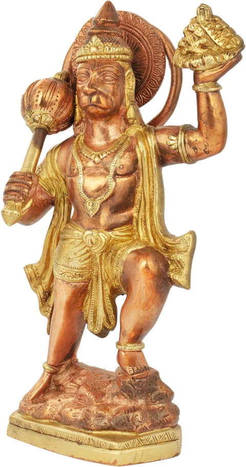 10" Lord Hanuman with Sansjeevani Mountain in Brass | Handcrafted Sculpture