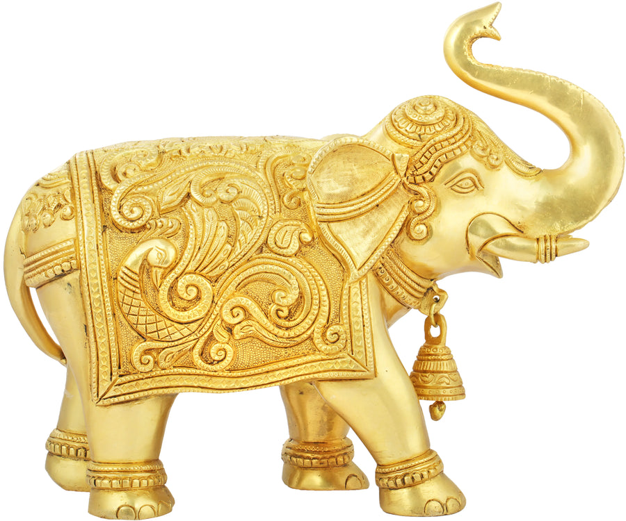 Decorated Brass Elephant Statue with Upraised Trunk for Pooja