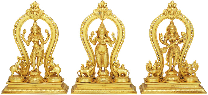 15" Lakshmi Ganesha Saraswati Brass Statue Set Handmade
