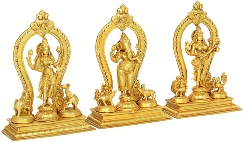 15" Lakshmi Ganesha Saraswati (Set of Three Statues) In Brass | Handmade | Made In India