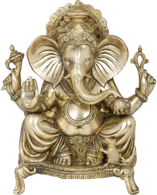 16" Handmade Blessing Ganesha Brass Statue With Large Ears on Chowki