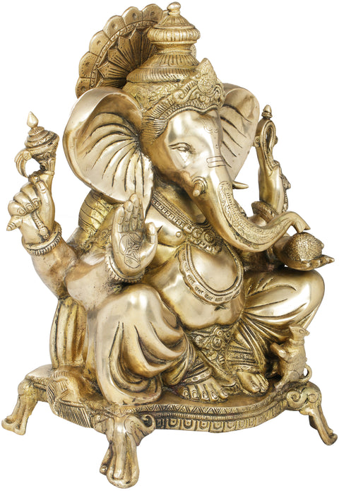 16" Blessing Ganesha With Large Ears Seated On a Chowki In Brass | Handmade | Made In India