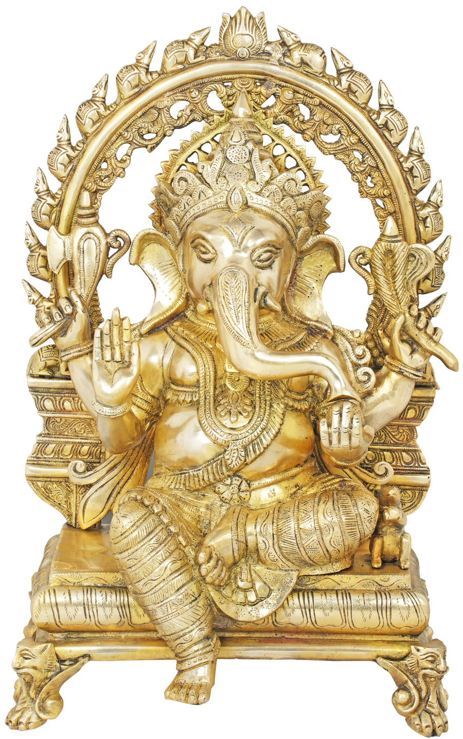 19" Handmade Ganesha Brass Statue with Rats Aureole and Chowki
