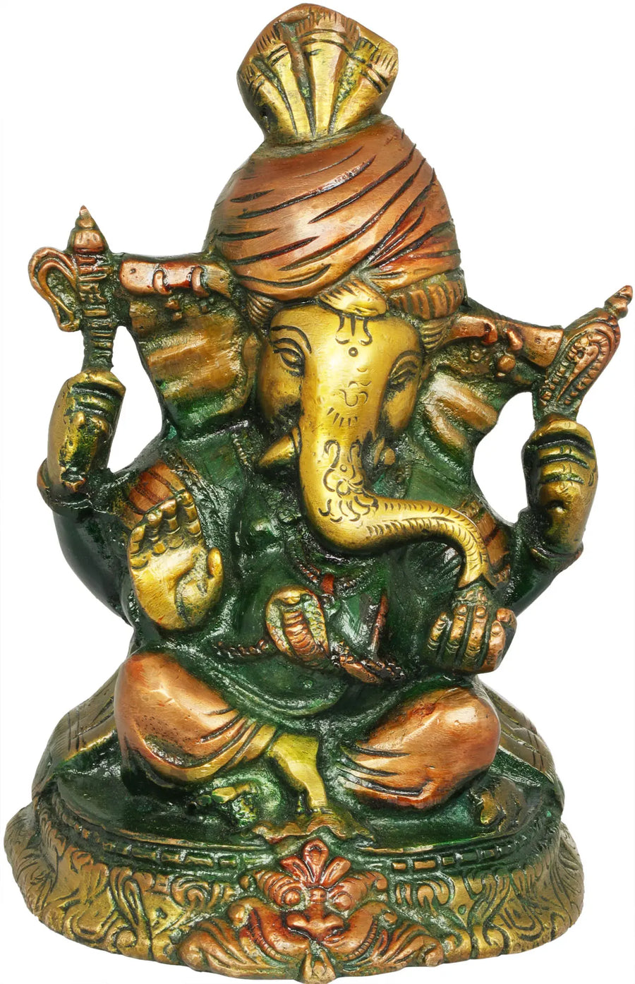 6" Handmade Lord Ganesha Brass Idol with Turban