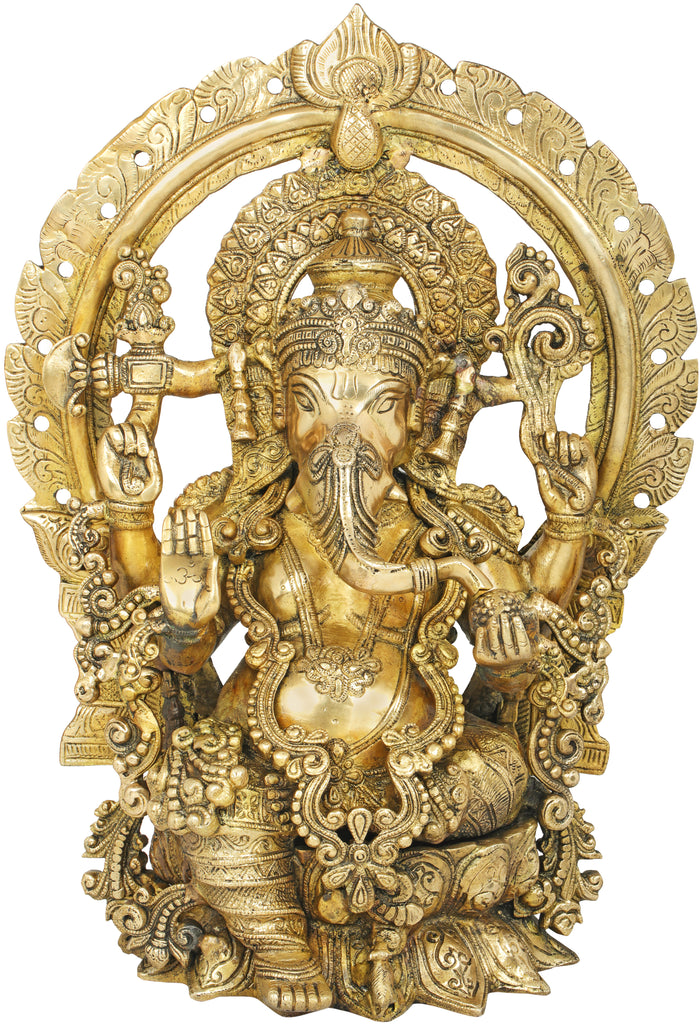 18" Handmade Brass Ganesha Idol on Lotus Throne