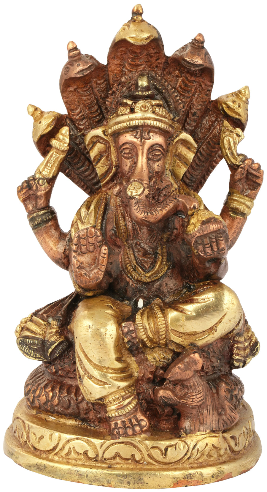 5" Handmade Ganesha Brass Idol Seated on Shesha Naga