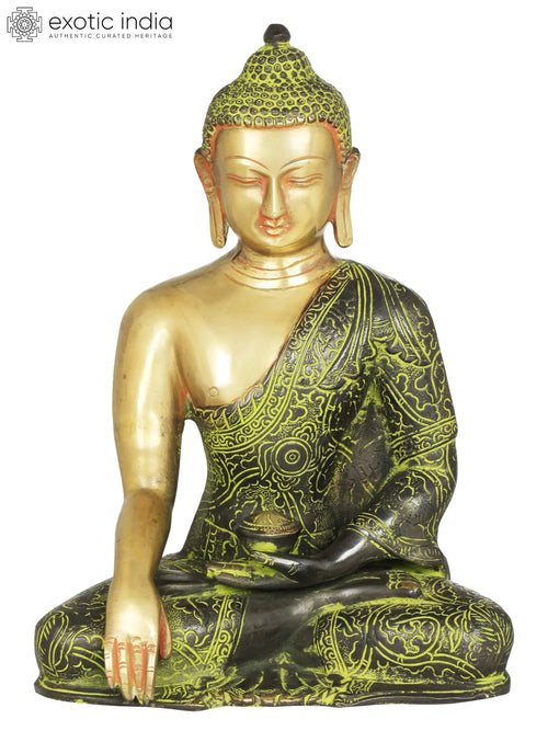 11" Handmade Brass Buddha Statue in Bhumisparsha Mudra with Carved Robe